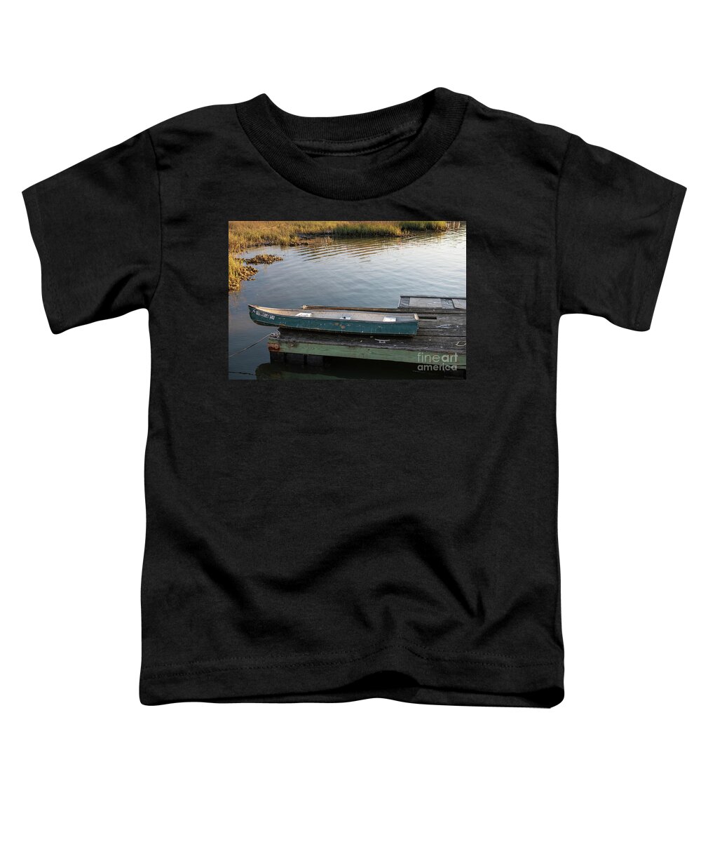 Canoe Toddler T-Shirt featuring the photograph Old Canoe on Dock in Shem Creek by Dale Powell