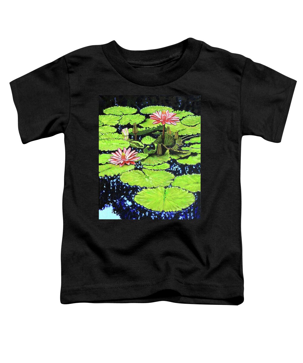 Water Lilies Toddler T-Shirt featuring the painting Pink and Green on Blue by John Lautermilch