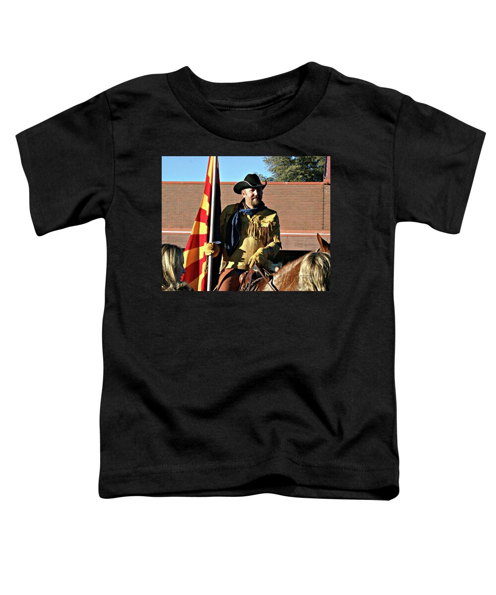 Cowboy Toddler T-Shirt featuring the photograph Pony Express Flag Bearer by Matalyn Gardner