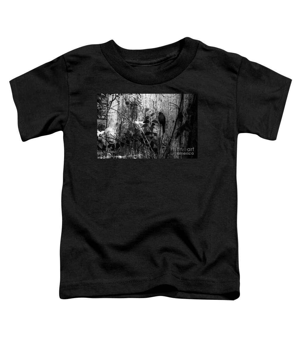 Red Birds Toddler T-Shirt featuring the photograph Redbird Enjoying the Clarity of a Blue and Green Black and White Moment by Aberjhani