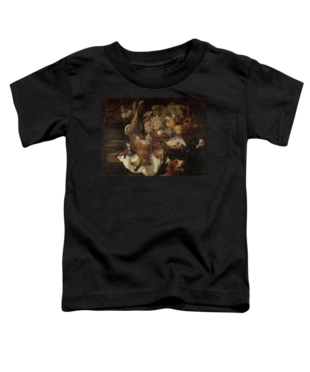 Luycks Christiaan Toddler T-Shirt featuring the painting 'Still Life with a Dog and a Cat'. Ca. 1650. Oil on panel. by Christiaan Luycks -1623-1670-