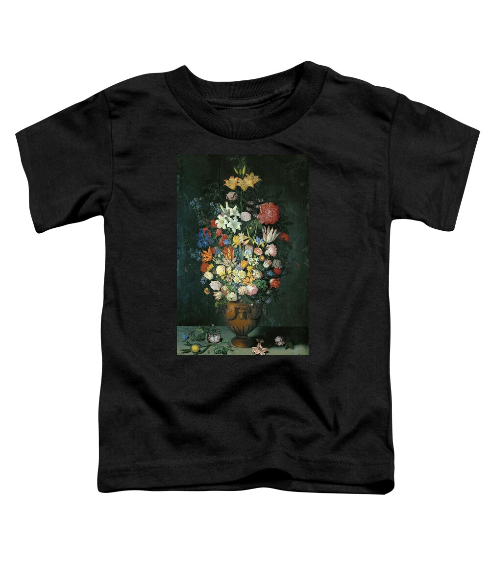 Ambrosius Bosschaert Ii Toddler T-Shirt featuring the painting Still-life with flowers in a vase. Canvas, 129 x 85 cm Inv. NM 373. by Ambrosius Bosschaert II -the Elder- Ambrosius Bosschaert II -the Elder-