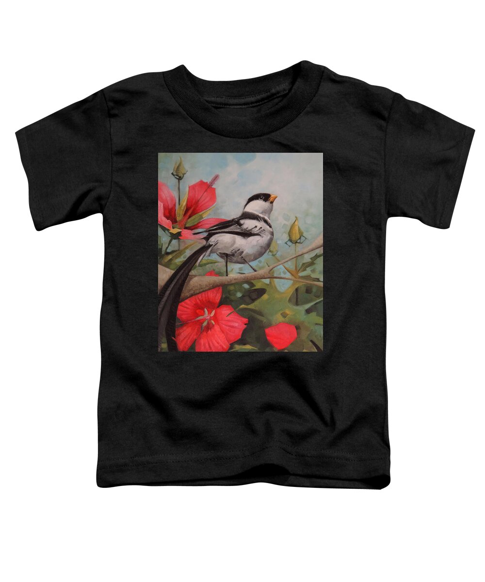 Birds Nature Pin Tailed Whydah Feathers Star Hibiscus Red Birding Bird Watching Oil Painting Commissions Available Toddler T-Shirt featuring the painting The Pin Tailed Whydah by T S Carson
