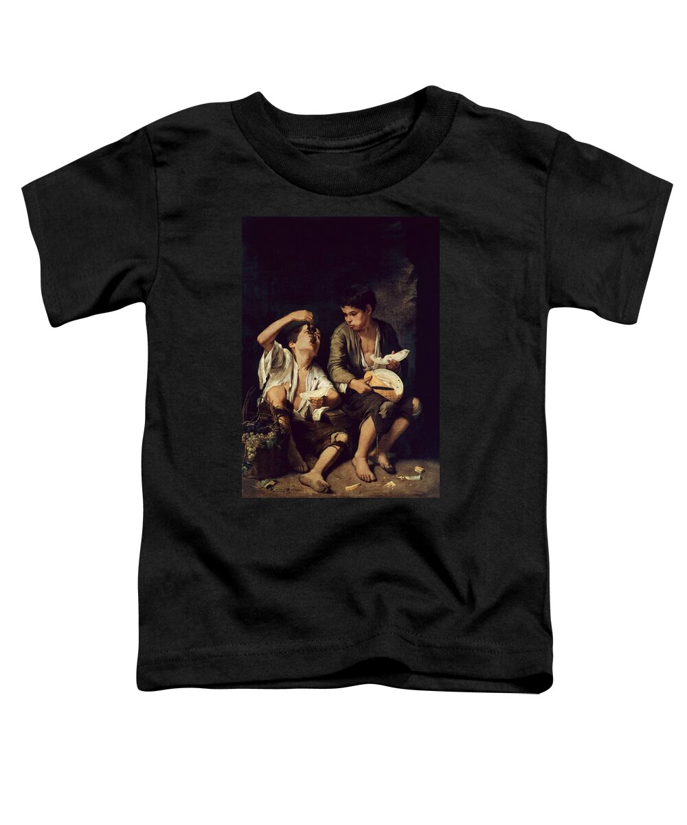 Bartolome Esteban Murillo Toddler T-Shirt featuring the painting Two Children Eating a Melon and Grapes - 1650 - oil on canvas - Spanish Baroque. by Bartolome Esteban Murillo -1611-1682-