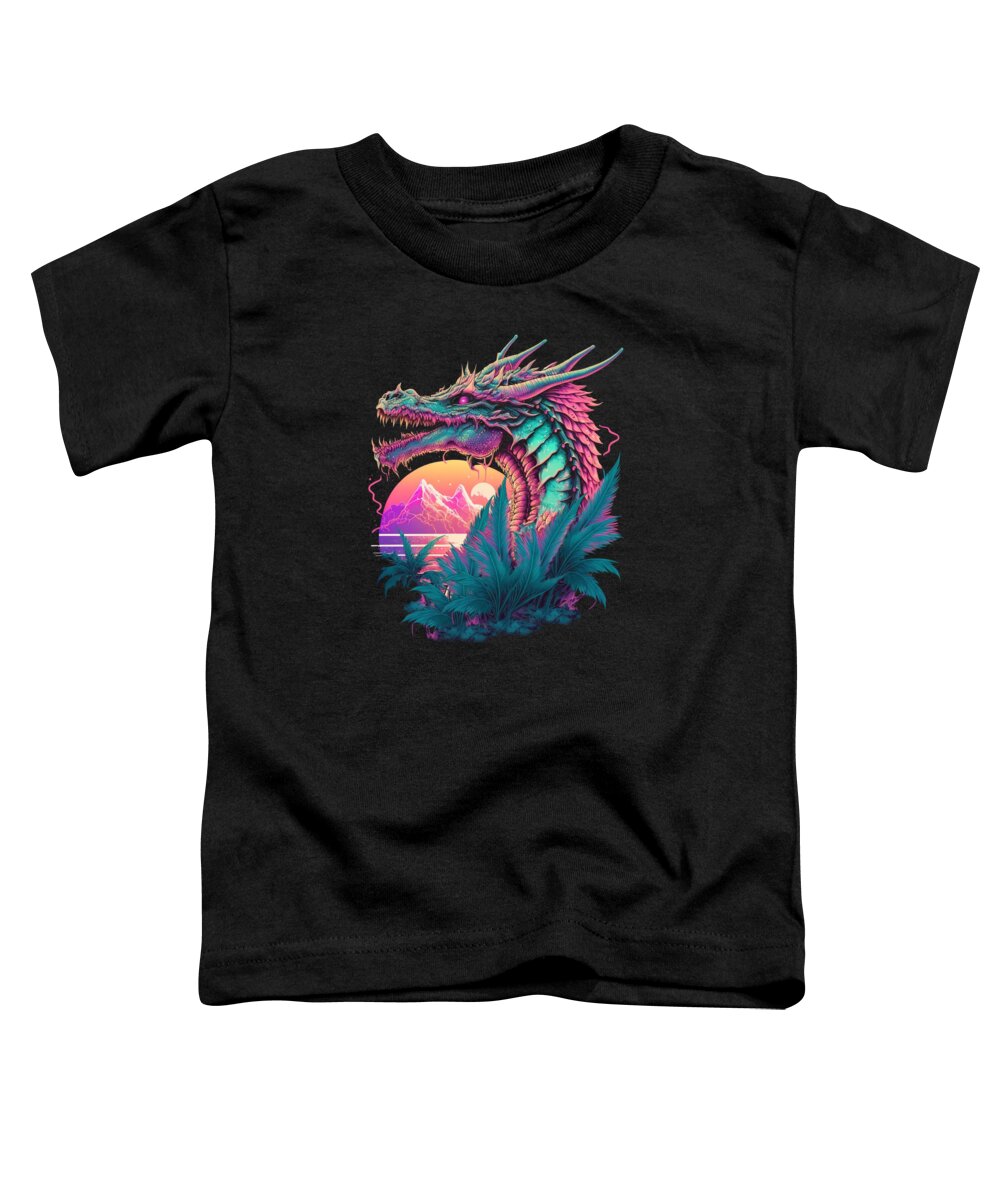 Dragon Toddler T-Shirt featuring the digital art Dragon Vaporwave Abstract Landscape Moon Tree Waterfall #1 by Toms Tee Store