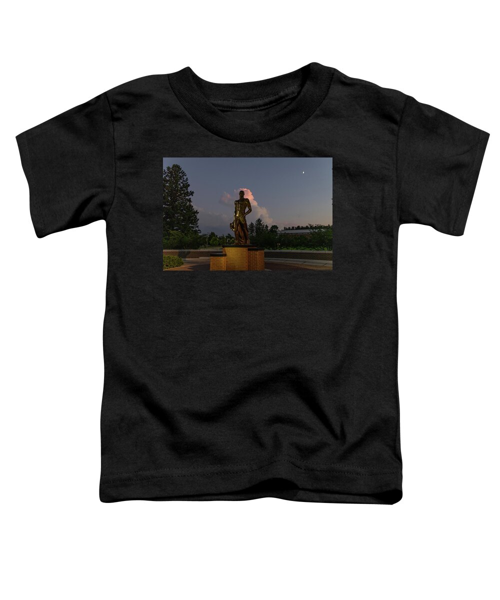 Spartan Staue Night Toddler T-Shirt featuring the photograph Spartan statue at night on the campus of Michigan State University in East Lansing Michigan #16 by Eldon McGraw