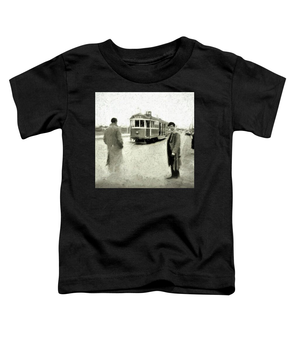 1950s Toddler T-Shirt featuring the mixed media 1950s Melbourne Tram 64 East Brighton to Melbourne University by Joan Stratton