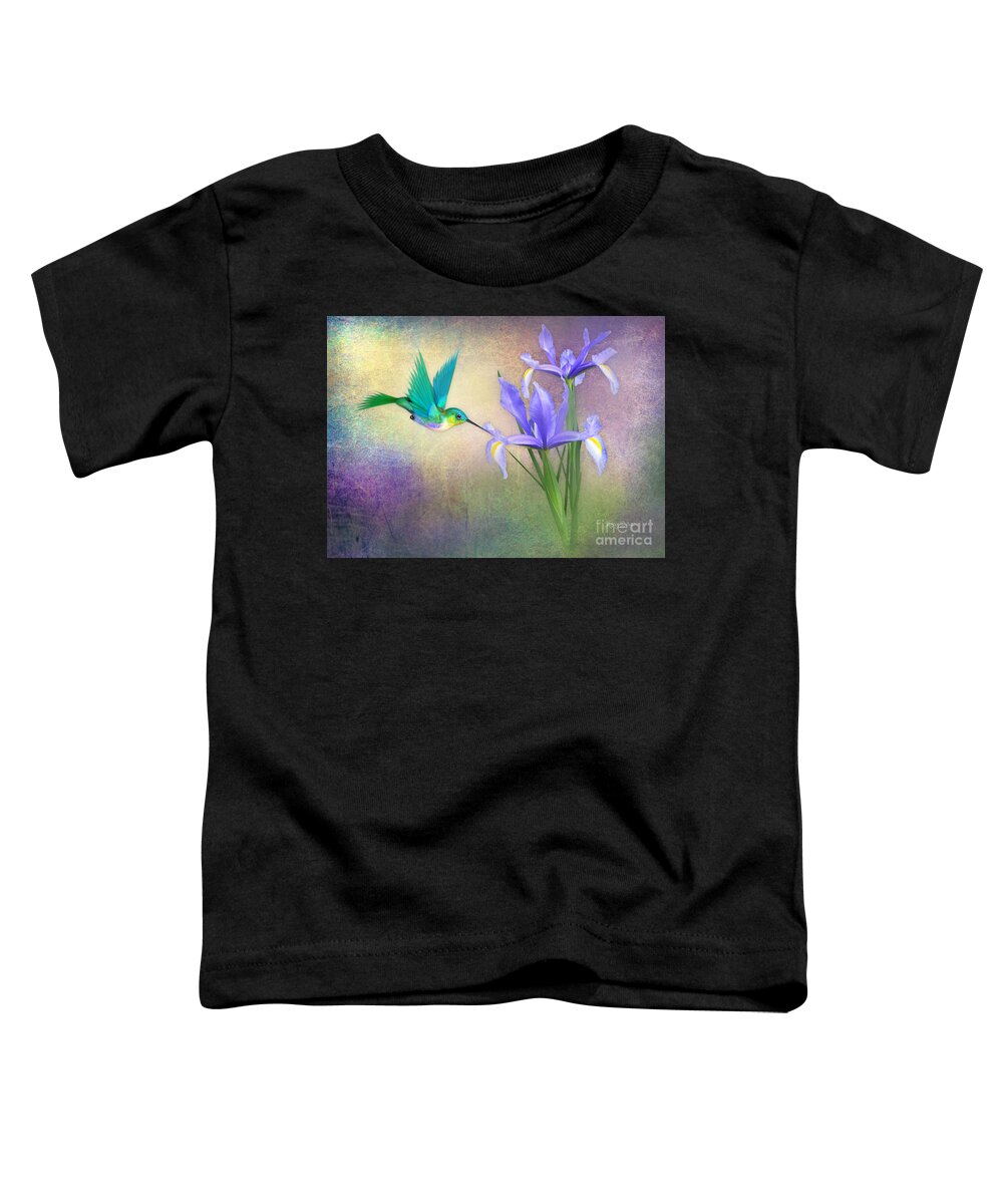 Iris Toddler T-Shirt featuring the digital art Hummingbird on Iris #2 by Morag Bates