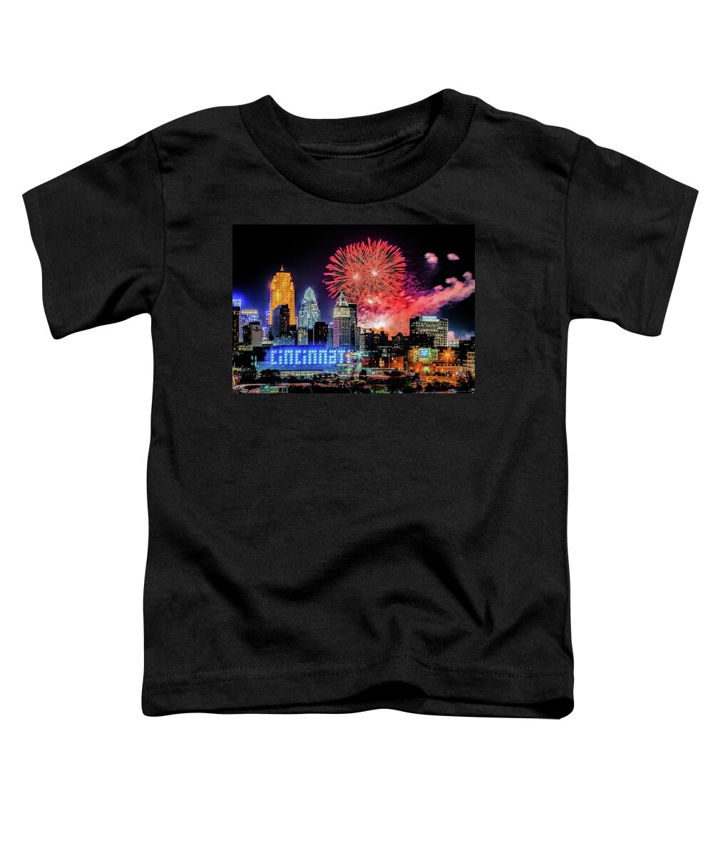 Cincinnati Toddler T-Shirt featuring the photograph 2019 WEBN Fireworks Cincinnati Ohio Skyline Photograph #3 by Dave Morgan
