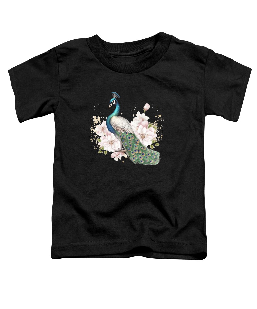 Bird Toddler T-Shirt featuring the digital art Peacock Bird with Long Feathers Watercolor Flowers #3 by Heidi Joyce