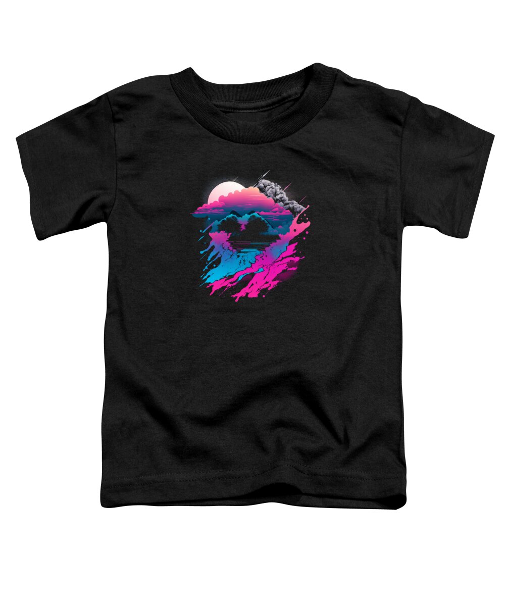 Vaporwave Toddler T-Shirt featuring the digital art Vaporwave Abstract Landscape Moon Tree Waterfall Blue Purple #8 by Toms Tee Store