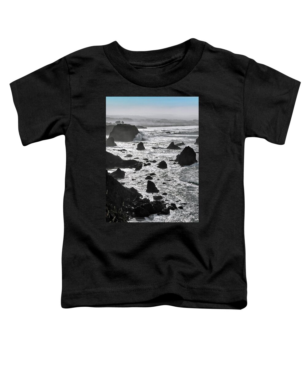 Mendocino Coast Toddler T-Shirt featuring the photograph Black and White Seascape Beneath a Pale Blue Sky on the Mendocino Coast by Kathleen Bishop