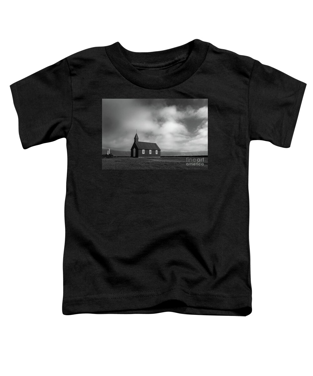 Iceland Toddler T-Shirt featuring the photograph Black church in Budir, Iceland by Delphimages Photo Creations