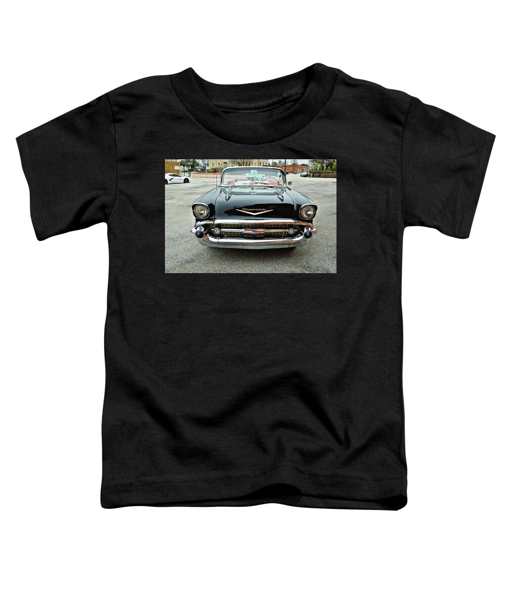 Retro Toddler T-Shirt featuring the photograph Black Classic Car Bel Air Front View by Gaby Ethington