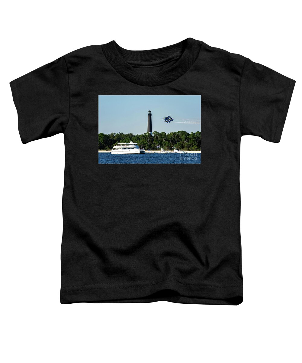 Blue Angels Toddler T-Shirt featuring the photograph Blue Angels over Pensacola Lighthouse and Ferry by Beachtown Views