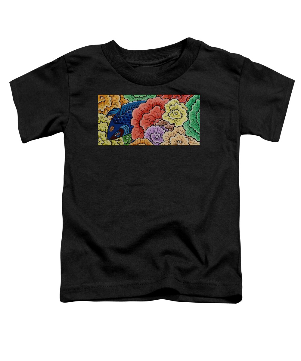Koi Fish Toddler T-Shirt featuring the painting Blue Koi with Thought Flowers by Bryon Stewart