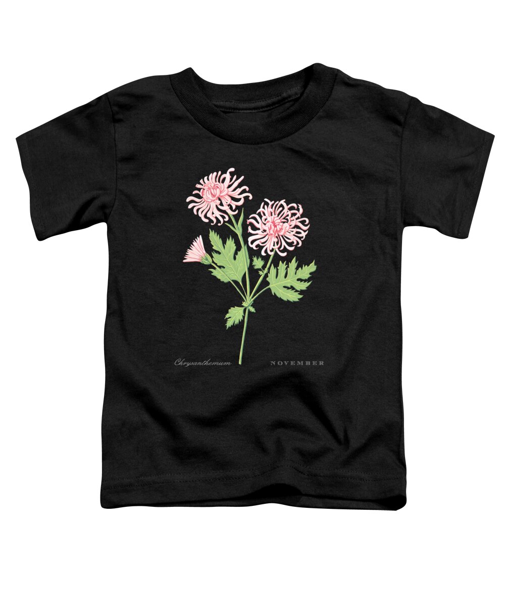 Chrysanthemum Toddler T-Shirt featuring the painting Chrysanthemum November Birth Month Flower Botanical Print on Black - Art by Jen Montgomery by Jen Montgomery