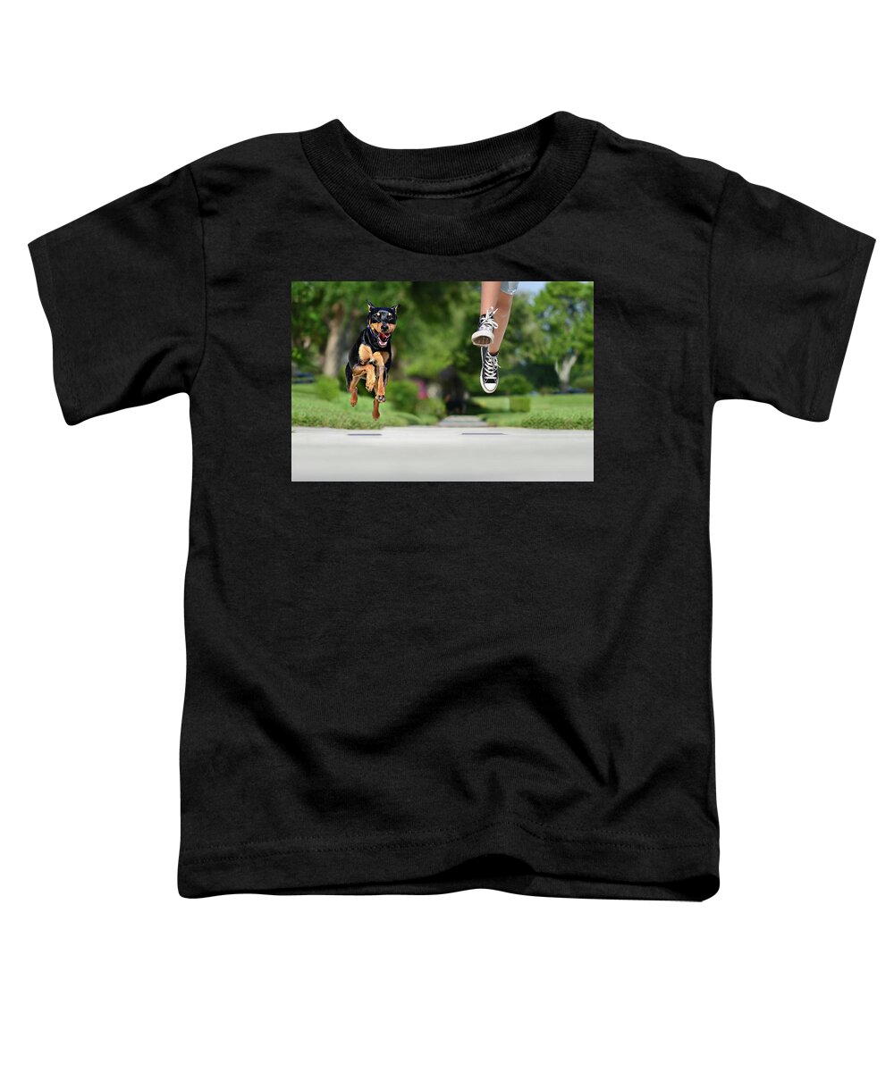 Dog Toddler T-Shirt featuring the photograph Dog Run - Burning Rubber by Laura Fasulo