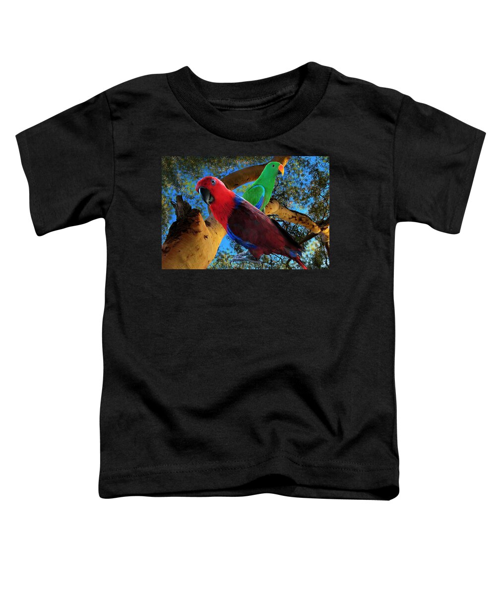 Eclectus Parrot Toddler T-Shirt featuring the mixed media Eclectus Parrots by Joan Stratton