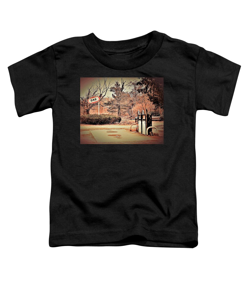 Gas Station Pumps Trees Metal Toddler T-Shirt featuring the photograph Gas Station by John Linnemeyer