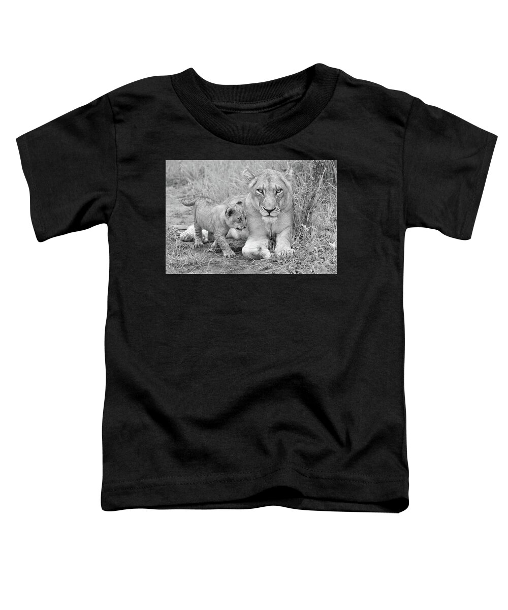 Lion Toddler T-Shirt featuring the photograph Guardian in Black and White by Rebecca Herranen