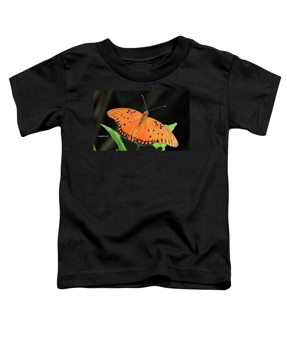 Gulf Fritillary Toddler T-Shirt featuring the photograph Gulf Fritillary on Black by Nancy Denmark