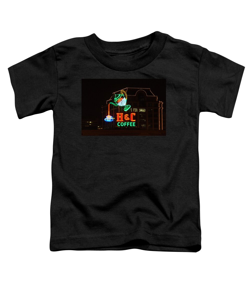 H C Coffee Toddler T-Shirt featuring the photograph H and C Coffee Sign Pouring At Night in Roanoke Virginia by Suzanne Gaff
