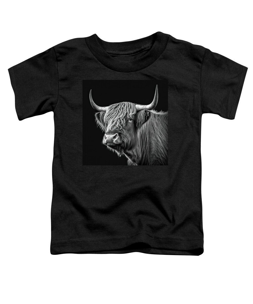 Bull Toddler T-Shirt featuring the digital art Highland Cattle Portrait 03 Black and White by Matthias Hauser