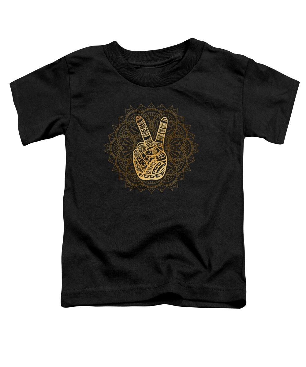 Hippie Toddler T-Shirt featuring the digital art Hippie Boho Golden Peace Sign Mandala by Laura Ostrowski