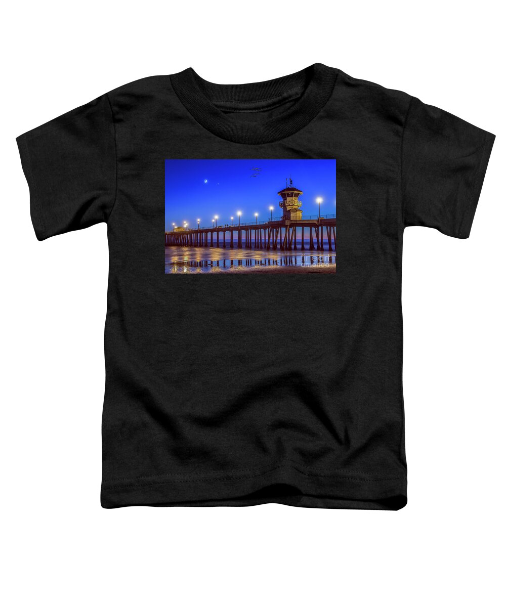 Huntington Beach Toddler T-Shirt featuring the photograph Huntington Beach Pier Night Moon by David Zanzinger