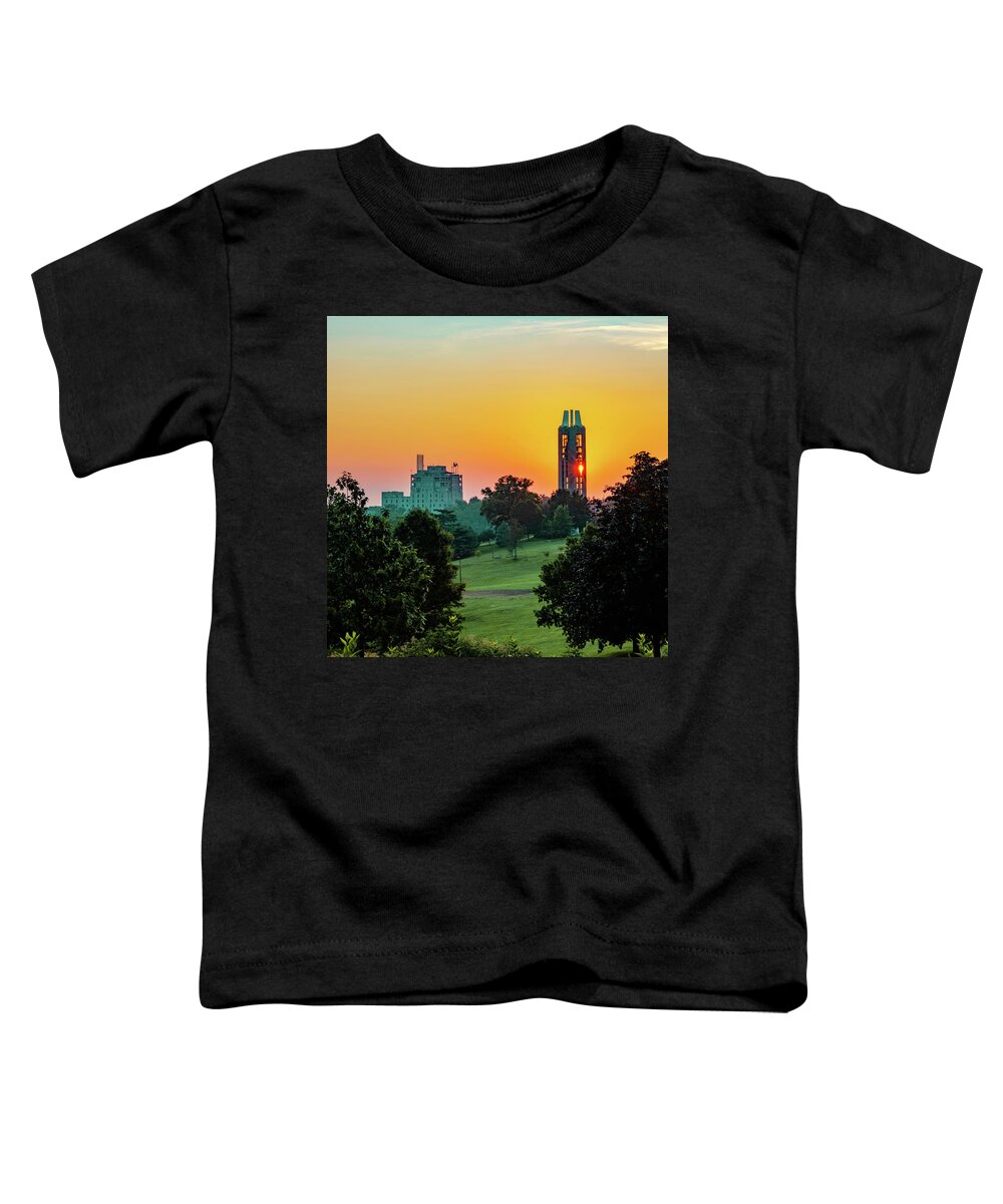 University Of Kansas Toddler T-Shirt featuring the photograph Kansas University Campanile and Mt. Oread Over Kaw Valley Sunrise by Gregory Ballos