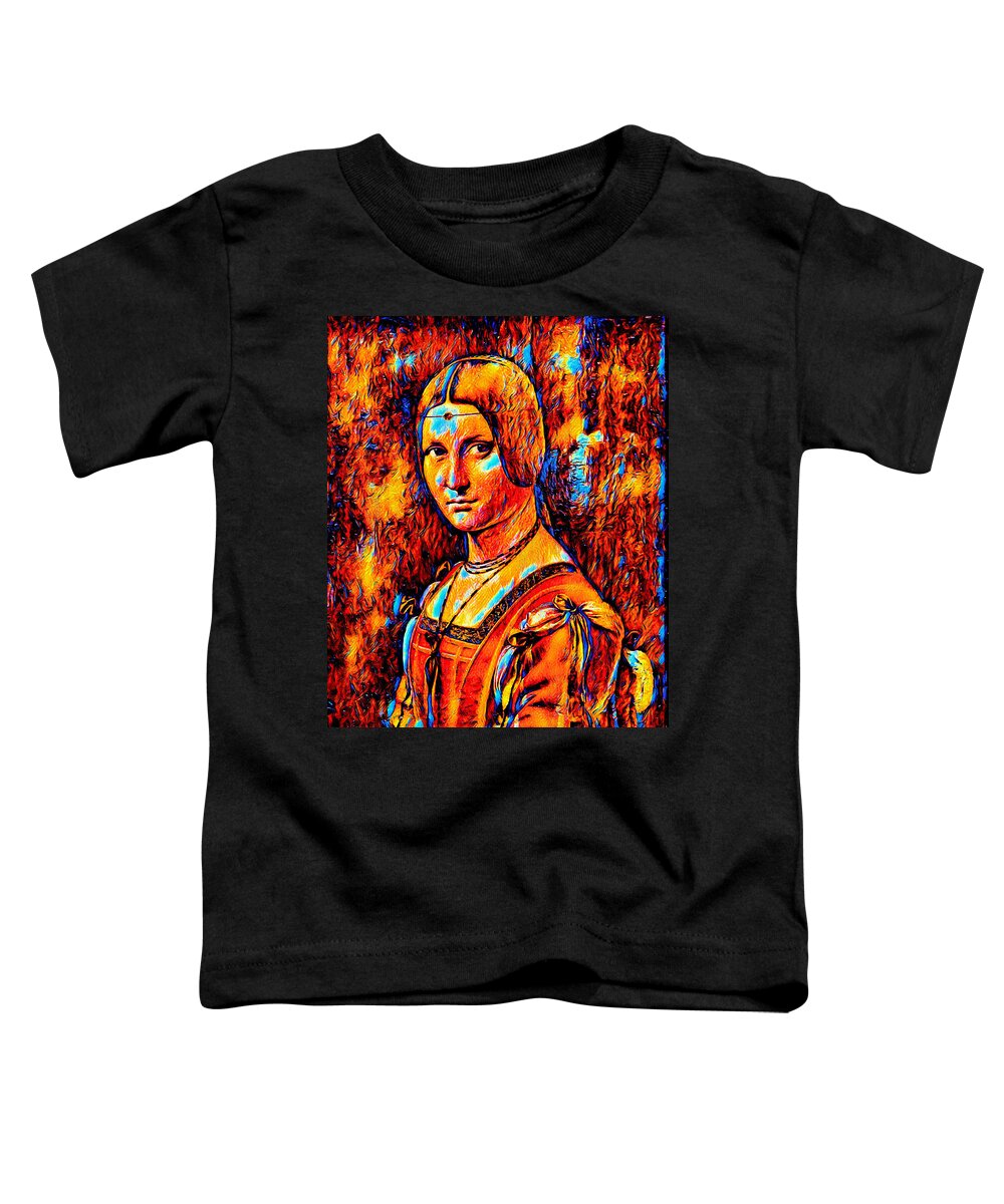 La Belle Ferronnière Toddler T-Shirt featuring the digital art La Belle Ferronniere by Leonardo da Vinci - colorful dark orange recreation by Nicko Prints