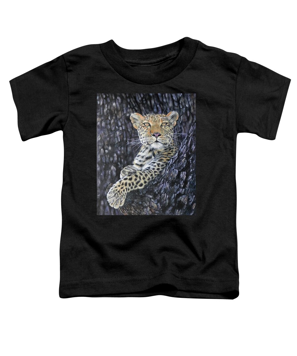 Leopard Toddler T-Shirt featuring the painting Leopard Lookout by John Neeve