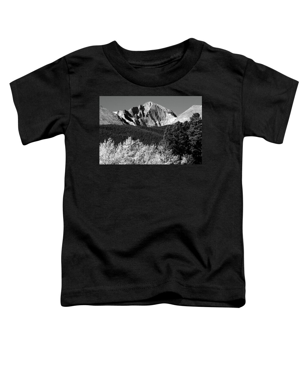 Mountains Toddler T-Shirt featuring the photograph Longs Peak Autumn Aspen Landscape View BW by James BO Insogna