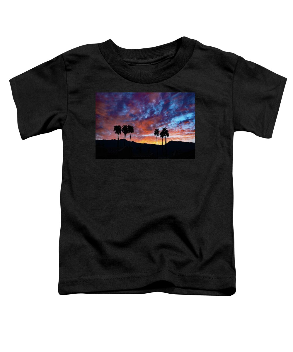 Sunset Toddler T-Shirt featuring the photograph Luminous Desert Sunset Skies Behind Palm Trees, Palm Desert California by Bonnie Colgan