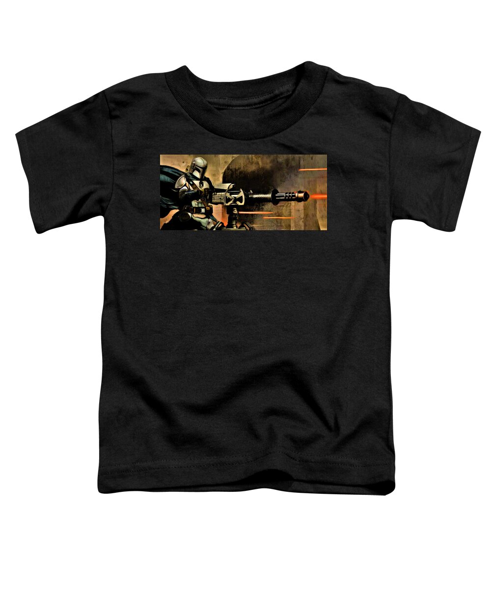 The Mandalorian Toddler T-Shirt featuring the digital art Mando Machine Gun Fight Mode 1 by Aldane Wynter