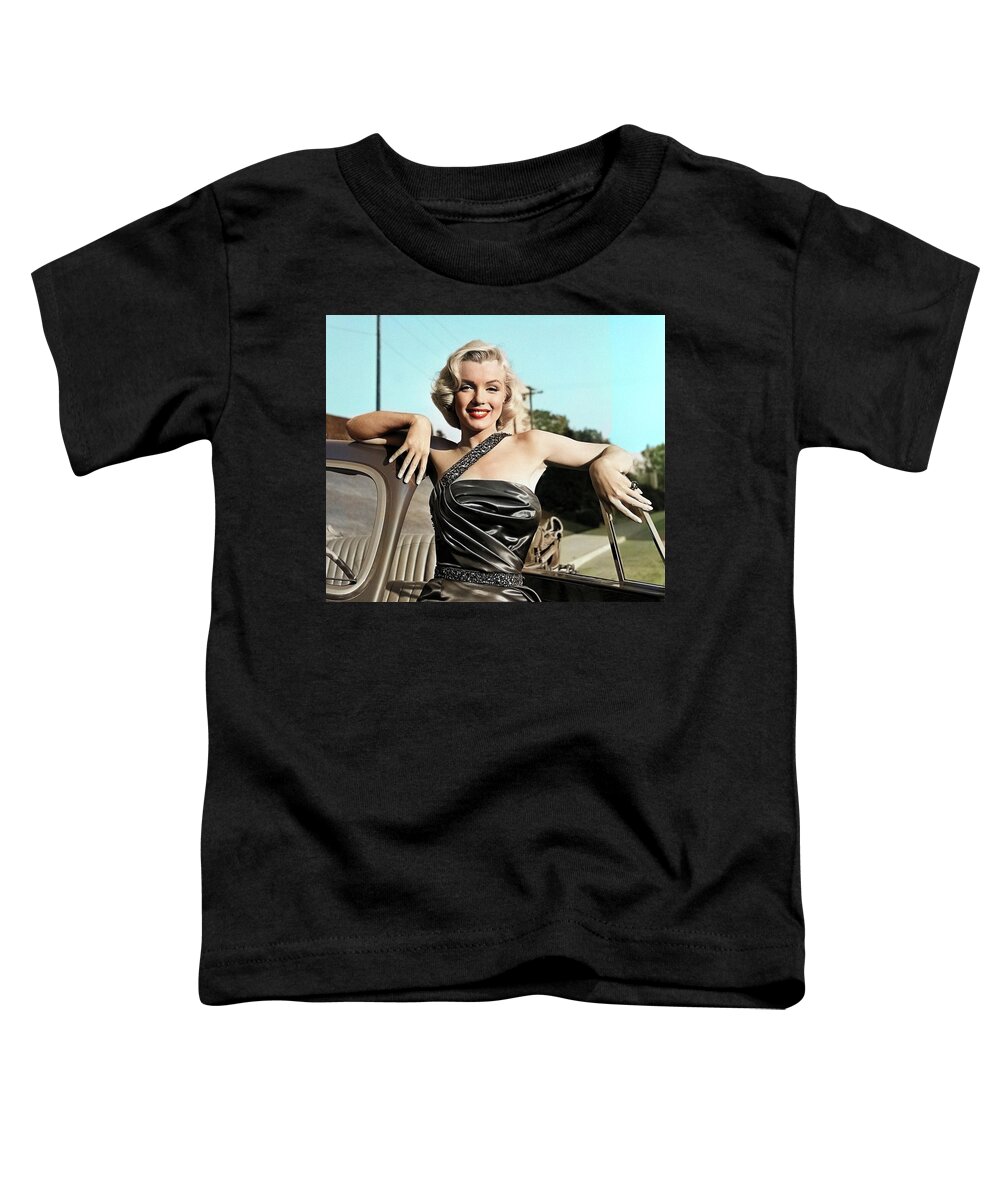 Marilyn Monroe Toddler T-Shirt featuring the photograph Marilyn Monroe with car by Movie World Posters