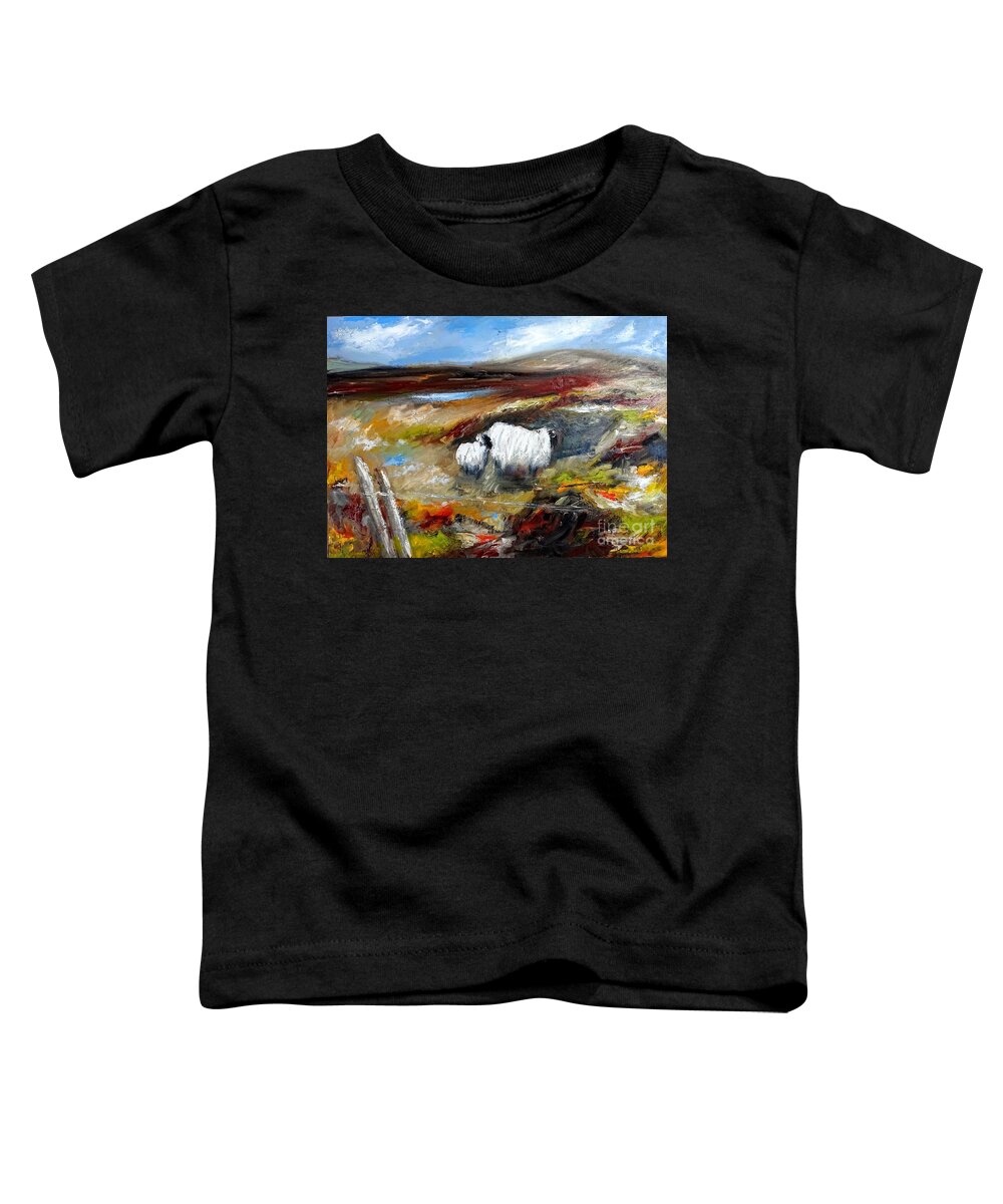 Connemara Sheep Toddler T-Shirt featuring the painting Painting of connemara sheep by the lakes of connemara by Mary Cahalan Lee - aka PIXI
