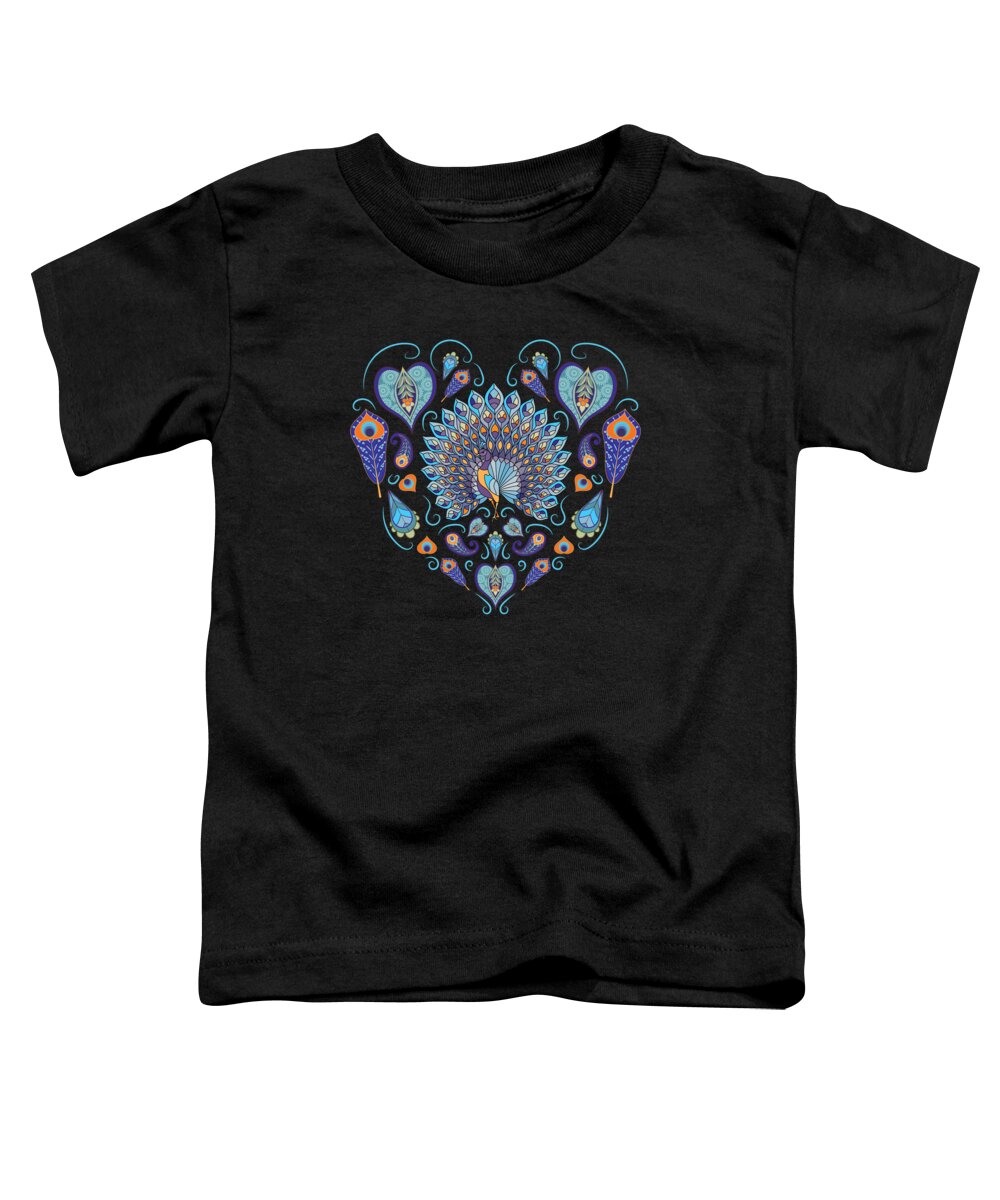 Peacock Toddler T-Shirt featuring the digital art Peacock Heart Bird Ornamental Bird by Moon Tees
