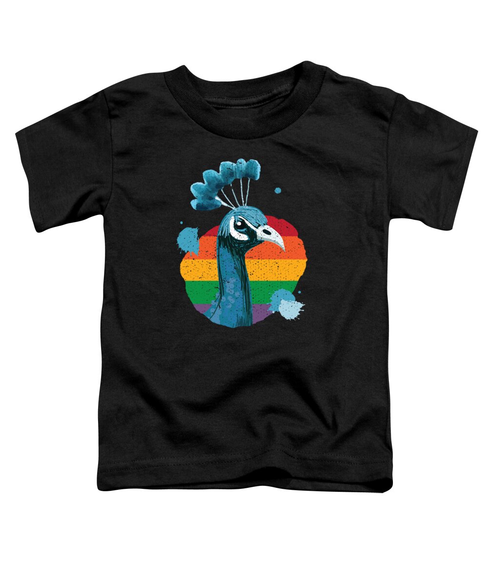 Peacock Toddler T-Shirt featuring the digital art Peacock Retro Bird Ornamental Bird by Moon Tees