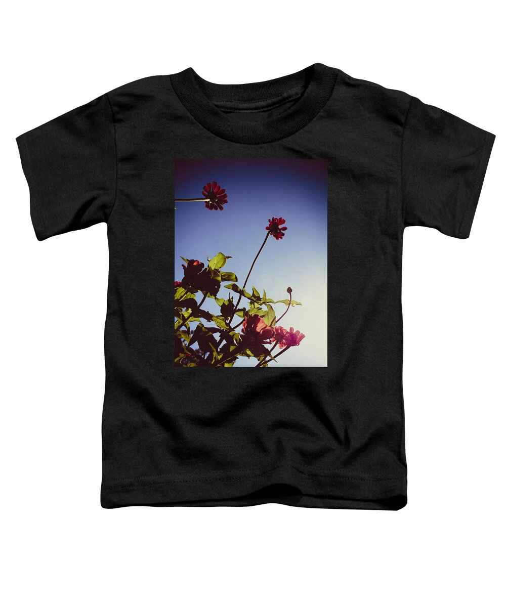 Zinnia Elegans Toddler T-Shirt featuring the photograph Pink and Red Zinnias, Blue Sky by W Craig Photography