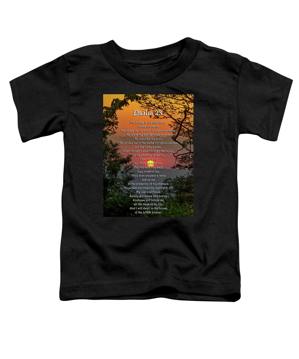 Psalm 23 Toddler T-Shirt featuring the mixed media Psalm 23 Prayer Over Sunset Landscape by Christina Rollo