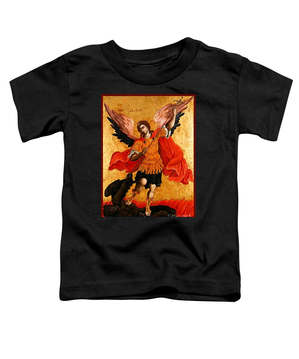 Poulakis Theodoros Toddler T-Shirt featuring the painting Saint Michael and the Devil The Archangel Michael by Peter Ogden