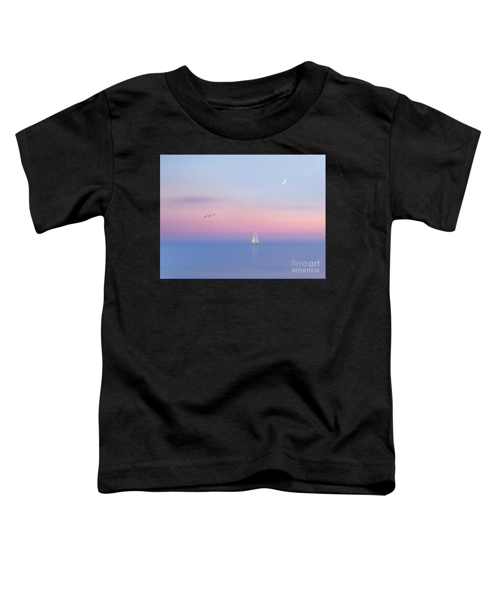 Sail Sunset Soft Gentle Calmness Serenity Relaxation Restful Triangles Moon Bird Landscape Scenery Seascape Ship Boat Beautiful Delicate Touching Emotional Impressionism Impression Alone Lonely Loneliness Solitude Delightful Romantic Fairy Poetic Magical Still Spiritual Nostalgic Inspirational Uplifting Blue Pink White Minimal Minimalist Minimalism Sailing Three Ocean Relax Sweet Dreamy Dream Timeless Foggy Misty Pleasing Appealing Painterly Artistic Watercolor Pastel Fantasy Peaceful Dawn Dusk Toddler T-Shirt featuring the photograph Serenity by Tatiana Bogracheva