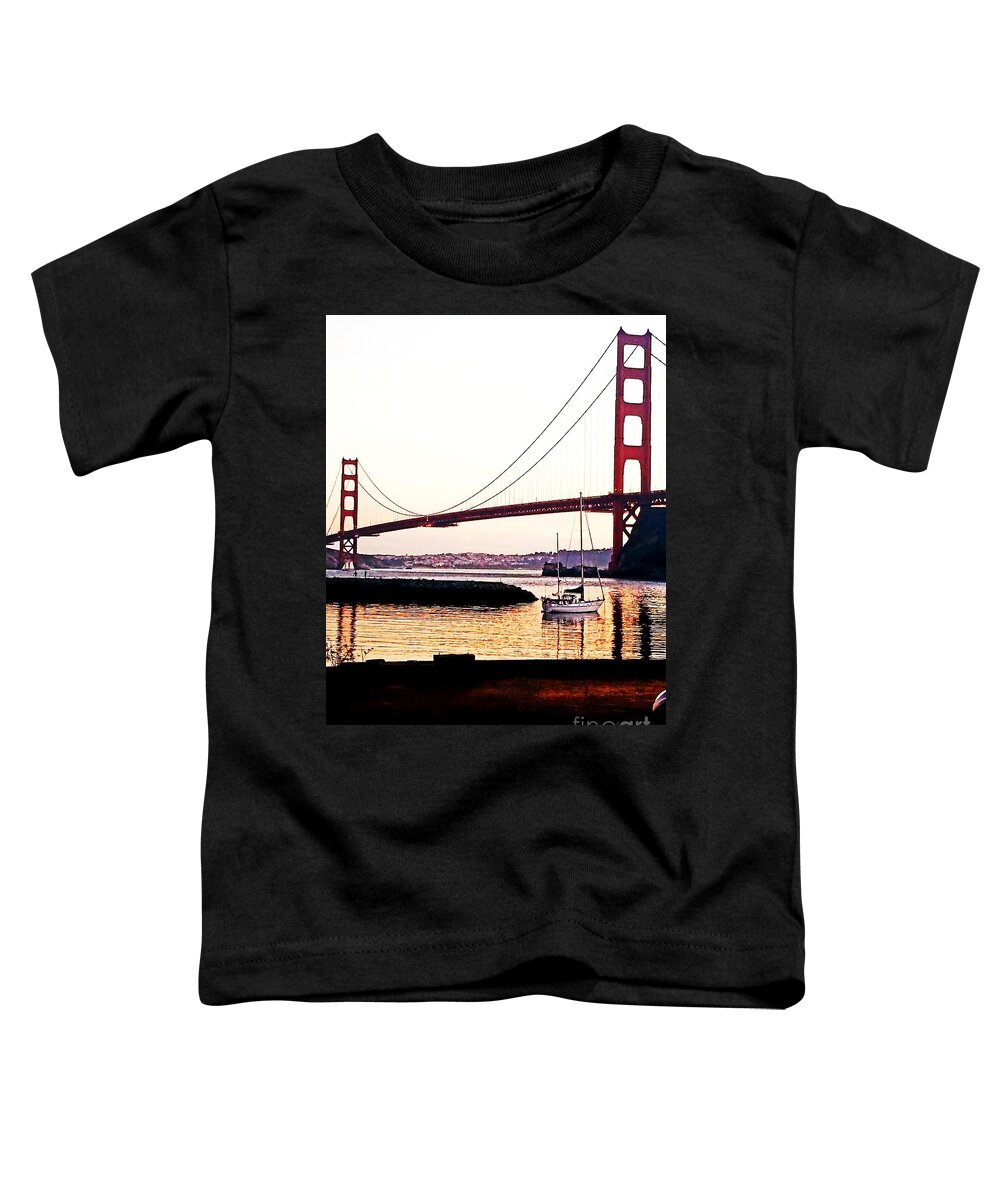 Golden Gate Bridge Toddler T-Shirt featuring the painting SF Fog Meets October Sunset by Artist Linda Marie