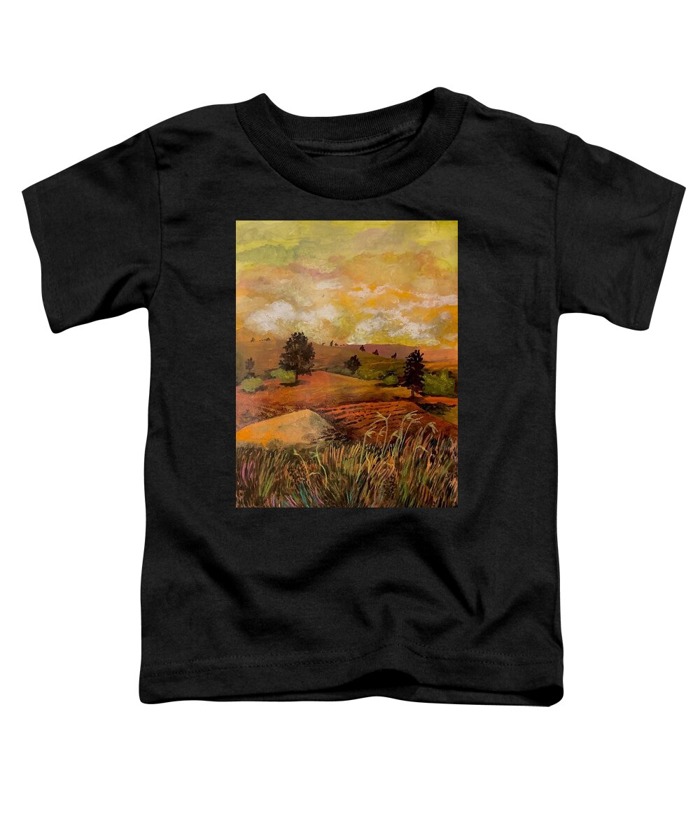 Landscape Rural Midwest Grass Trees Fields Farm Great Plains Prairie Color Warm Yellow Toddler T-Shirt featuring the mixed media Smiling Season by James Huntley