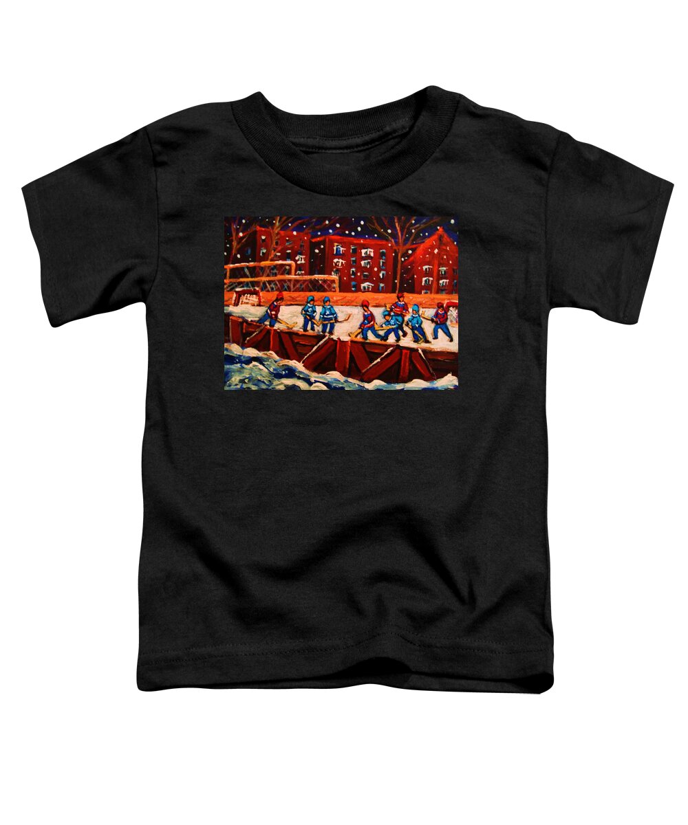 Ice Hockey Toddler T-Shirt featuring the painting Snow Falling On The Hockey Rink by Carole Spandau