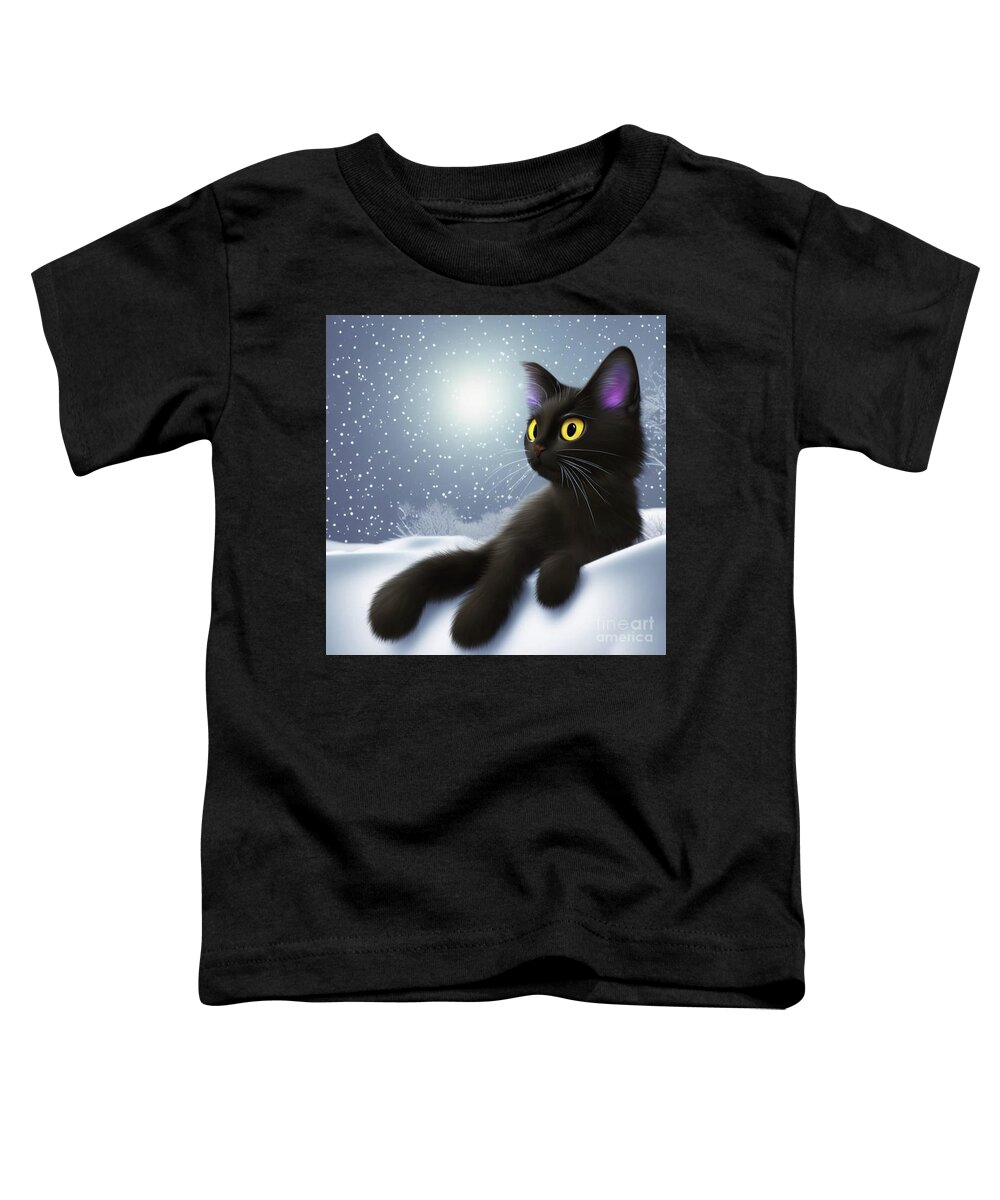 Snow; Kitty; Cat; Black Cat; Moon; Snowbank; Digital Art; Square; Children's Art; Toddler T-Shirt featuring the digital art Snow Kitty by Tina Uihlein
