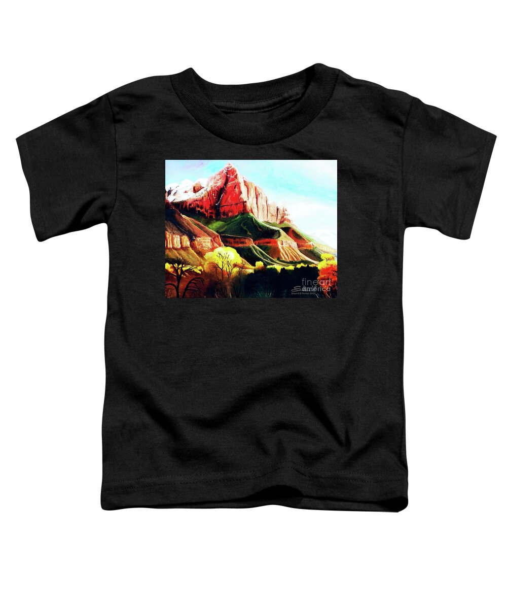 Sherril Porter Toddler T-Shirt featuring the painting Snowy Zion's Watchman by Sherril Porter