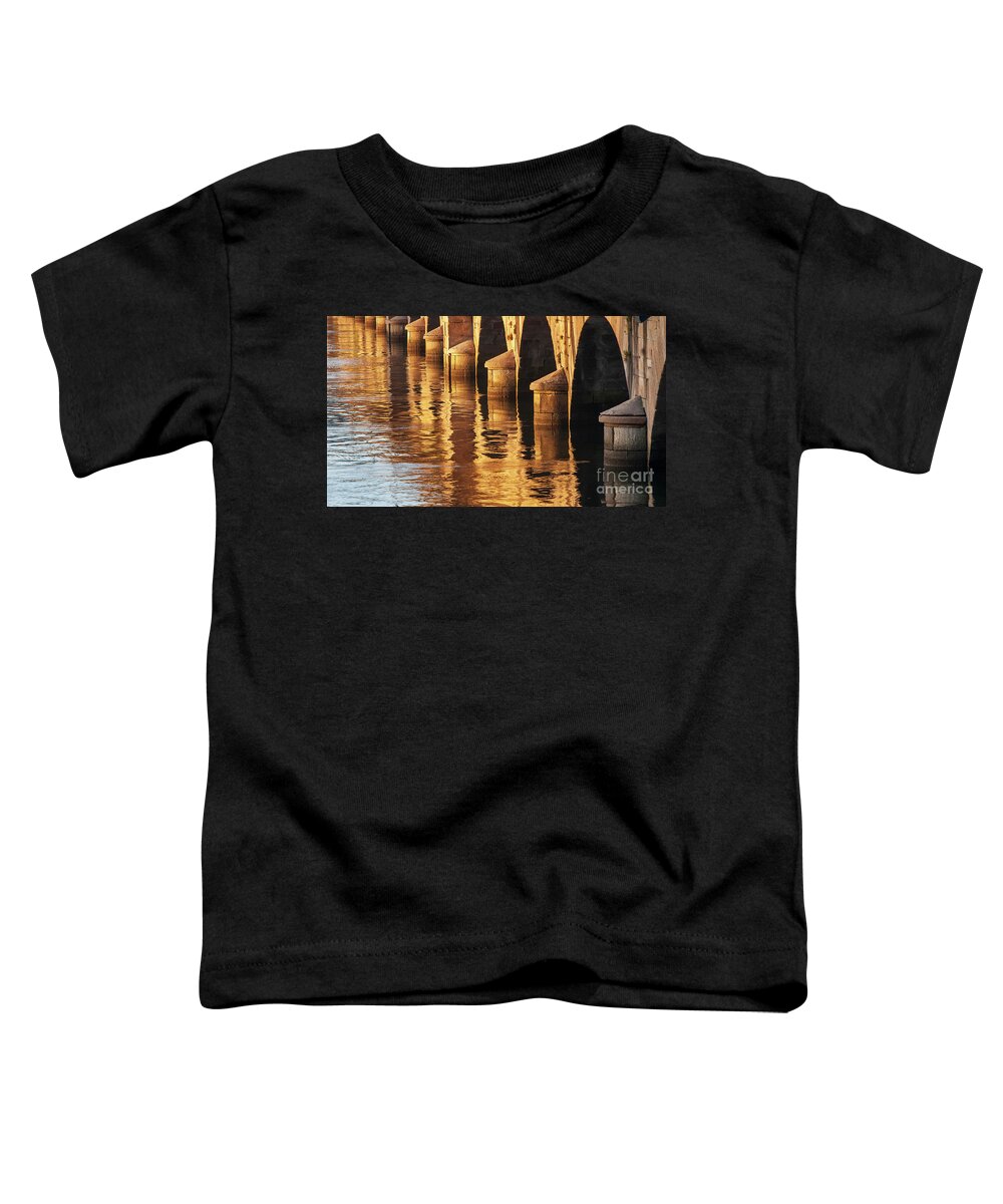 Rocks Toddler T-Shirt featuring the photograph Stone Medieval Viaduct Reflected at Sunset Golden Light Pondedeume Galicia by Pablo Avanzini